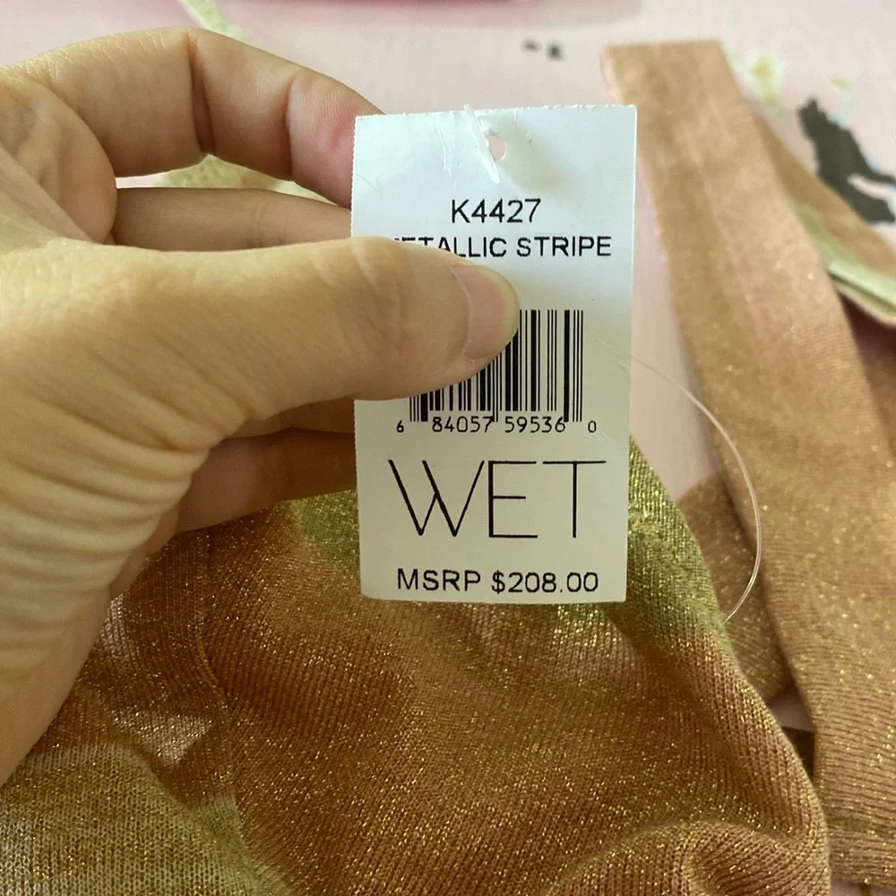 NWT WET $208 Belted One Piece Modal Swimsuit Metallic Stripe Glitter Neutral